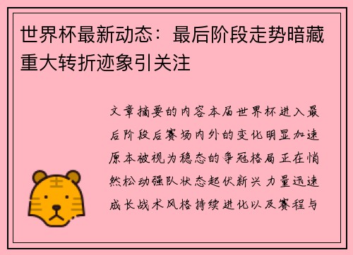 世界杯最新动态：最后阶段走势暗藏重大转折迹象引关注
